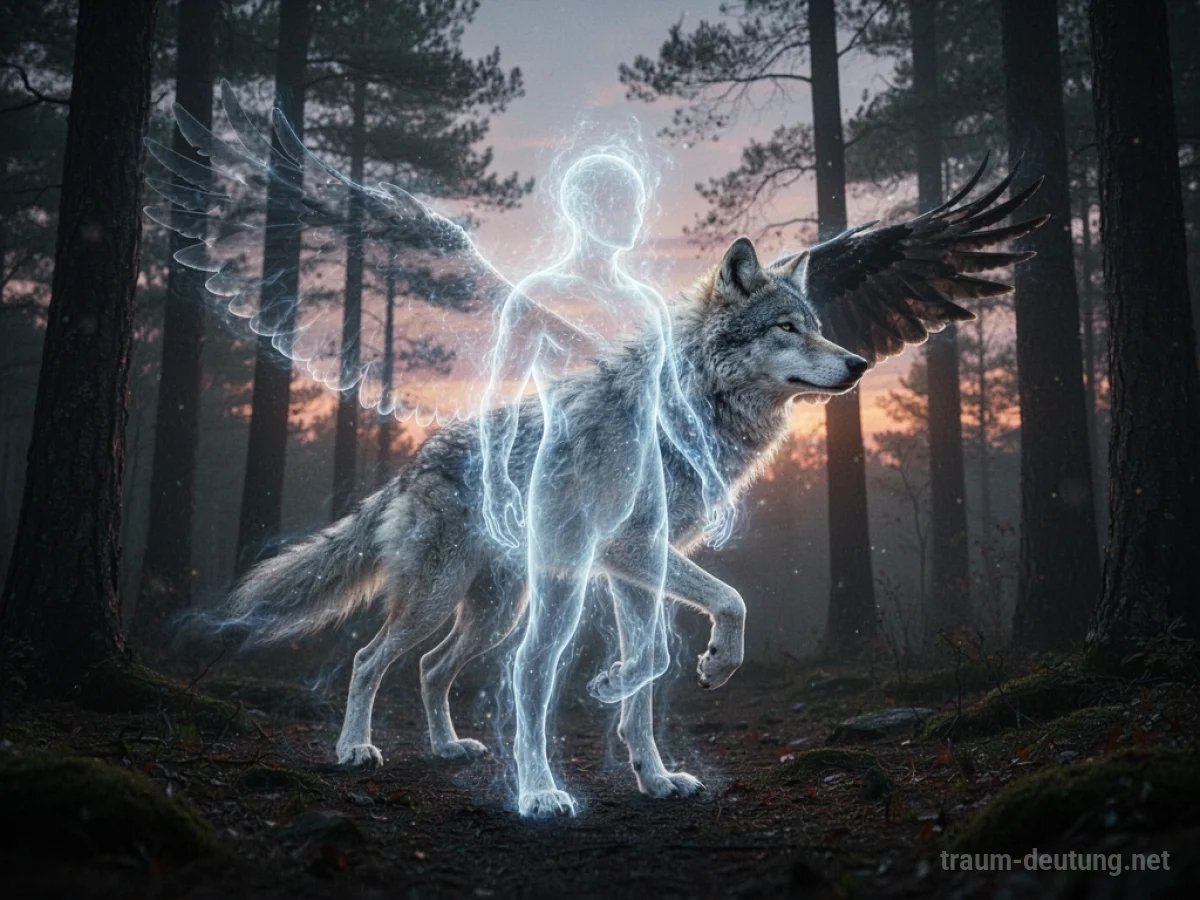 Eine durchscheinende Seele verschmilzt mit der Silhouette eines wilden Tieres in einem mystischen Wald.