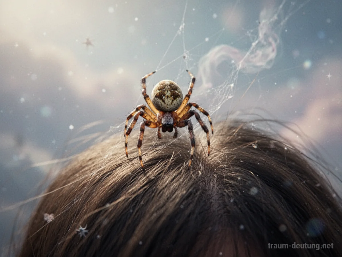 Eine Spinne sitzt auf einer Haarsträhne in einer Traumlandschaft.