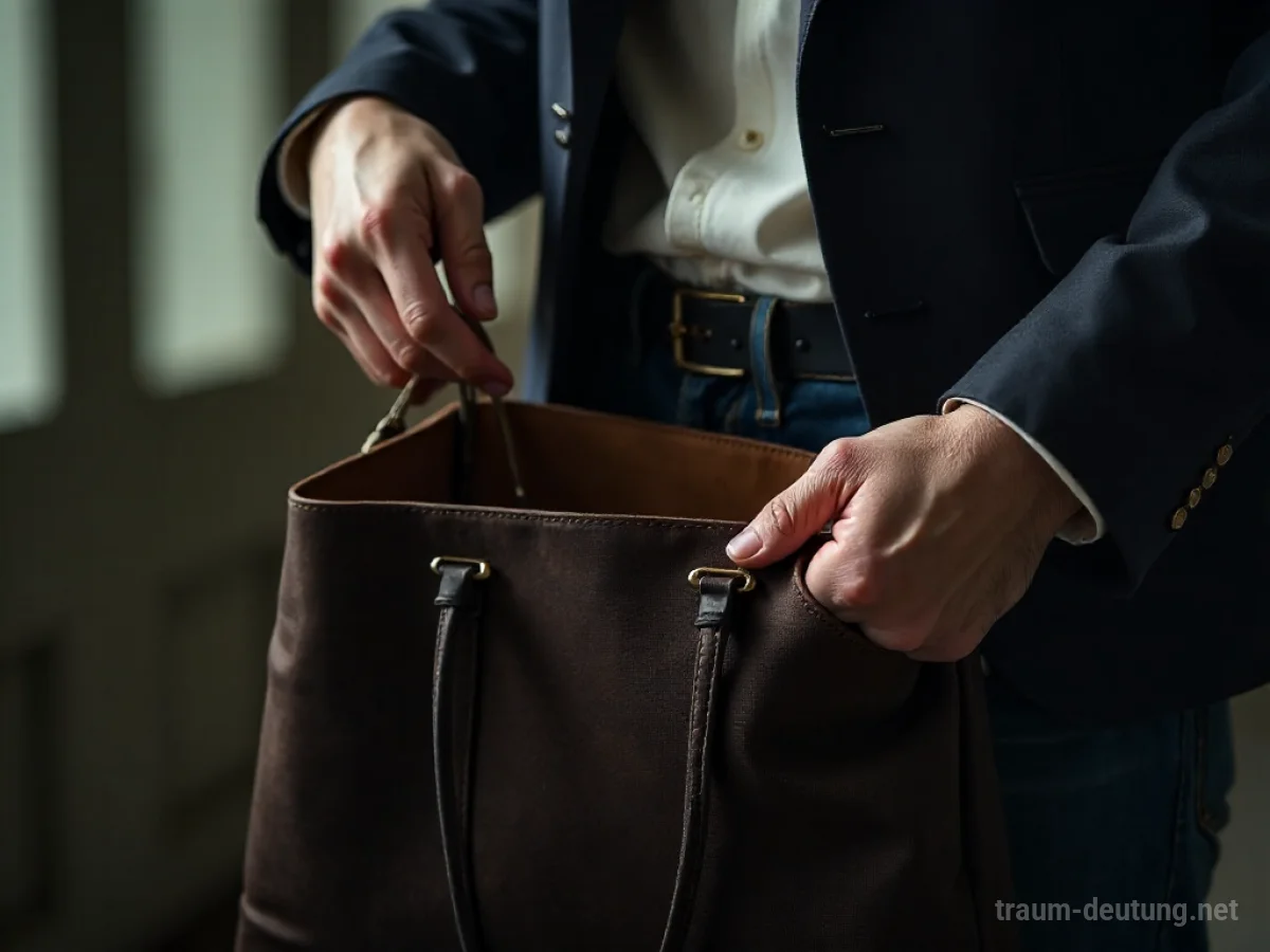 Hand sucht verzweifelt nach einem Handy in einer Tasche, das Gefühl des Verlusts.