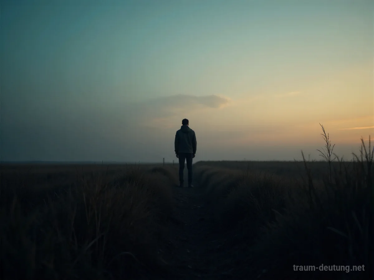 Silhouette einer Person, die allein in einem Feld steht und einen verlorenen Weg betrachtet
