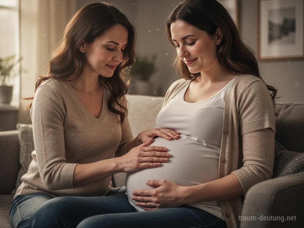 Zwei Freundinnen stehen nebeneinander, eine legt ihre Hand auf den Bauch der anderen.
