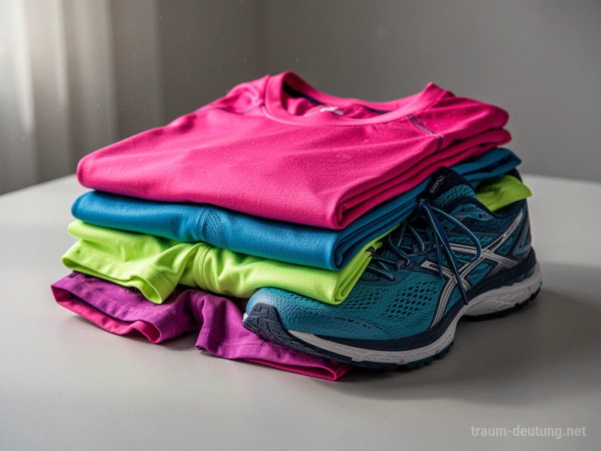 Stapel neuer, bunter Sportkleidung mit Schuhen darauf.