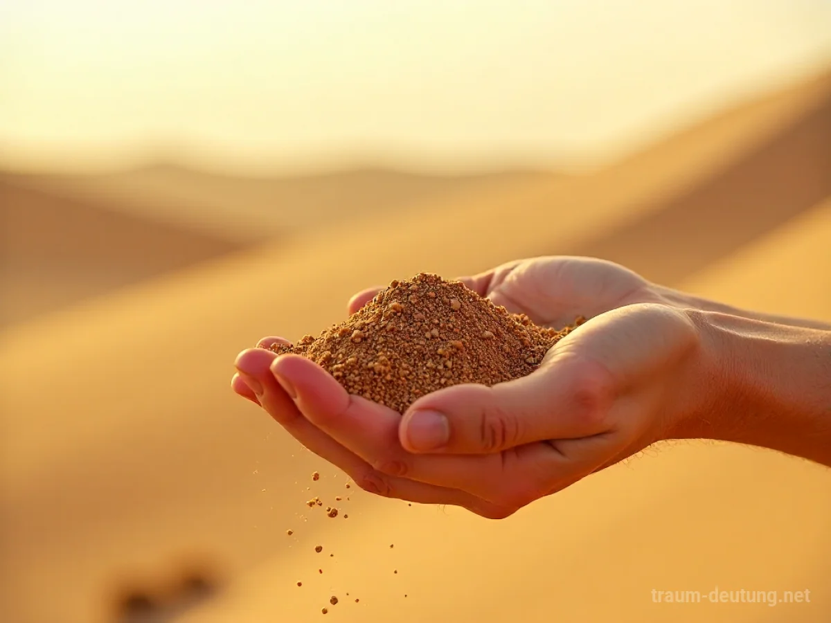 Hand hält Sand, einige Körner rieseln durch die Finger