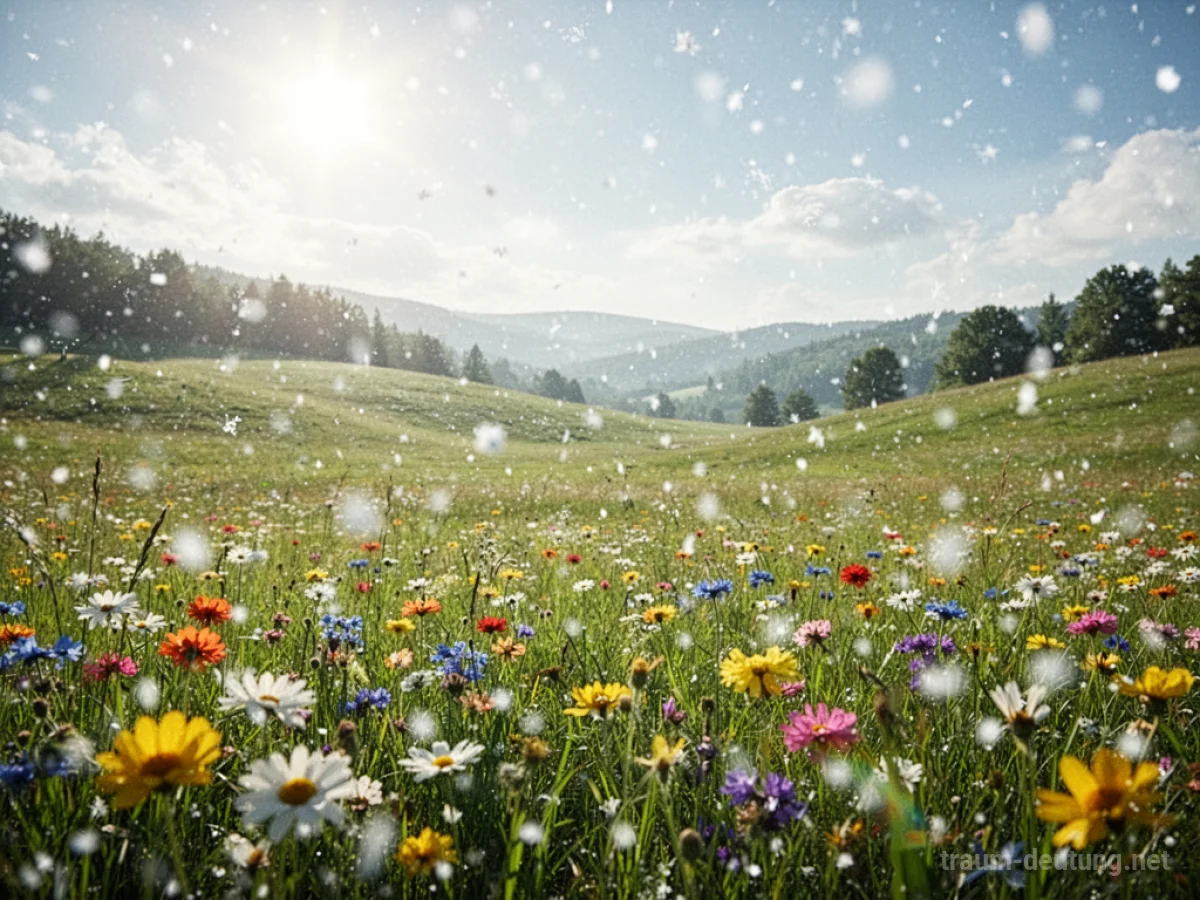 Schneeflocken fallen auf eine sonnige Sommerwiese mit Blumen.