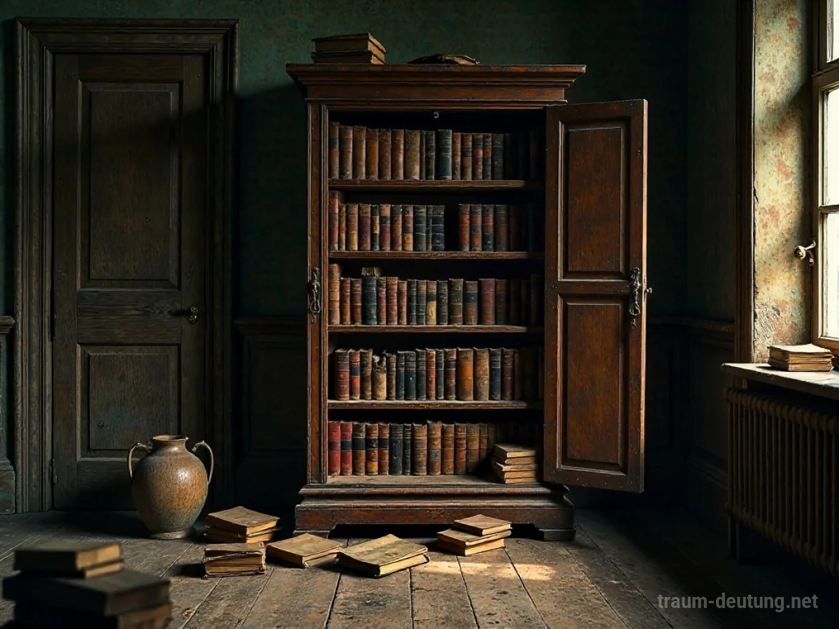 Ein alter Holzschrank, randvoll mit Büchern, in einem dunklen Raum.