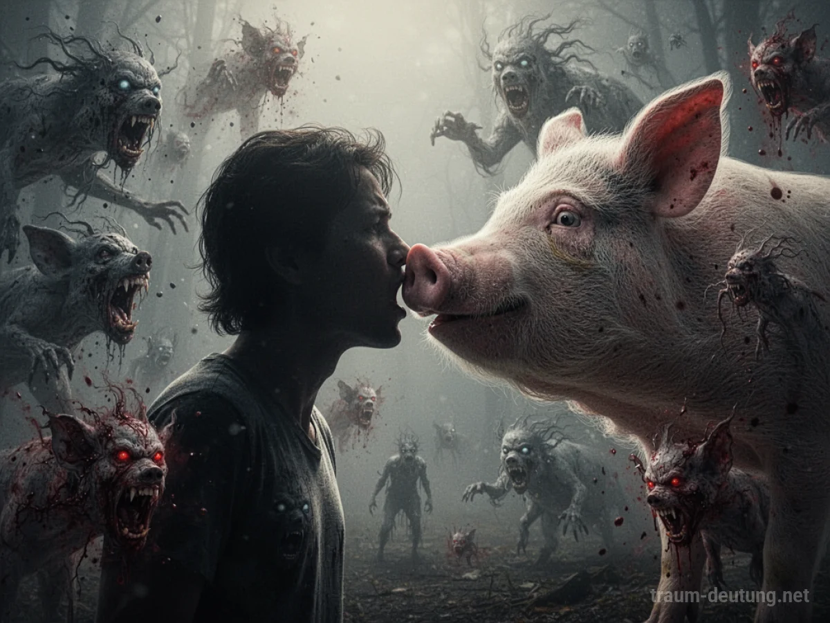 Symbolische Darstellung eines von einem Schwein gebissenen Menschen