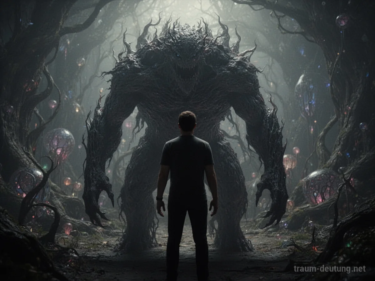 Schattenhafte Monstergestalt nähert sich einer menschlichen Silhouette in einem dunklen Raum.