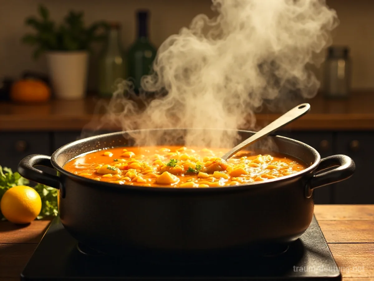 Ein großer, überquellender Topf mit dampfender Suppe steht auf einem Tisch.
