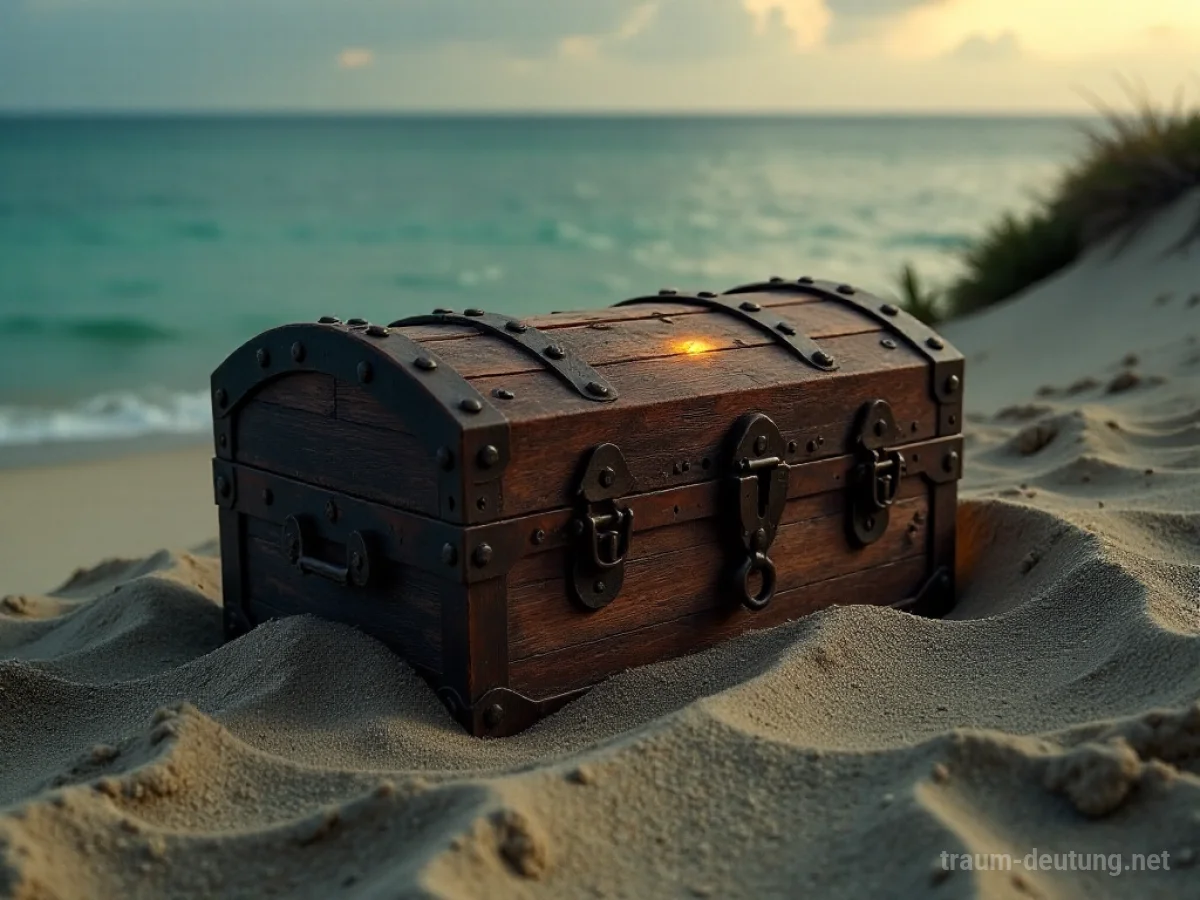 Eine halb im Sand vergrabene Schatzkiste auf einer einsamen Insel.