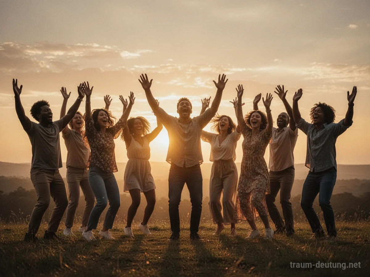 Menschen tanzen und singen gemeinsam im Sonnenuntergang