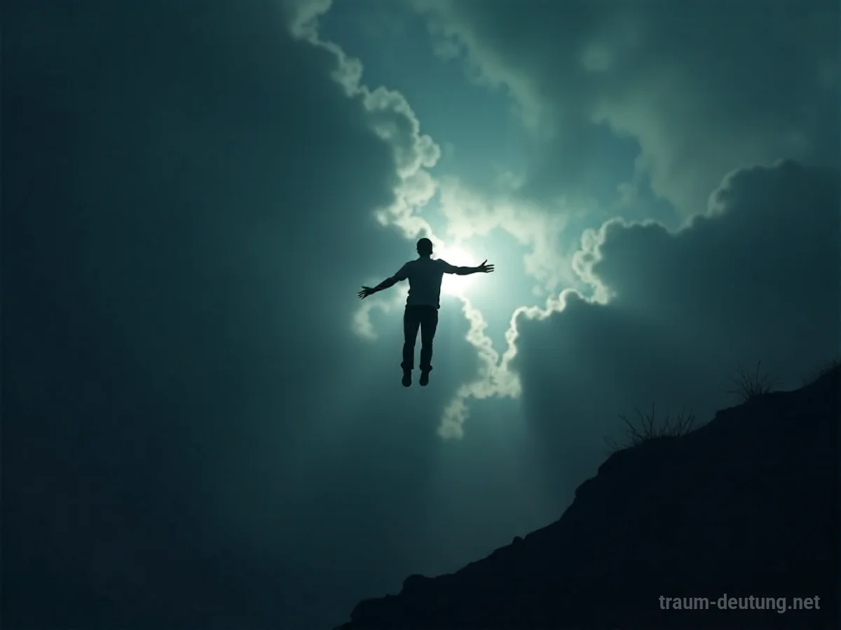 Silhouette einer Person im freien Fall vor einem dunklen Himmel