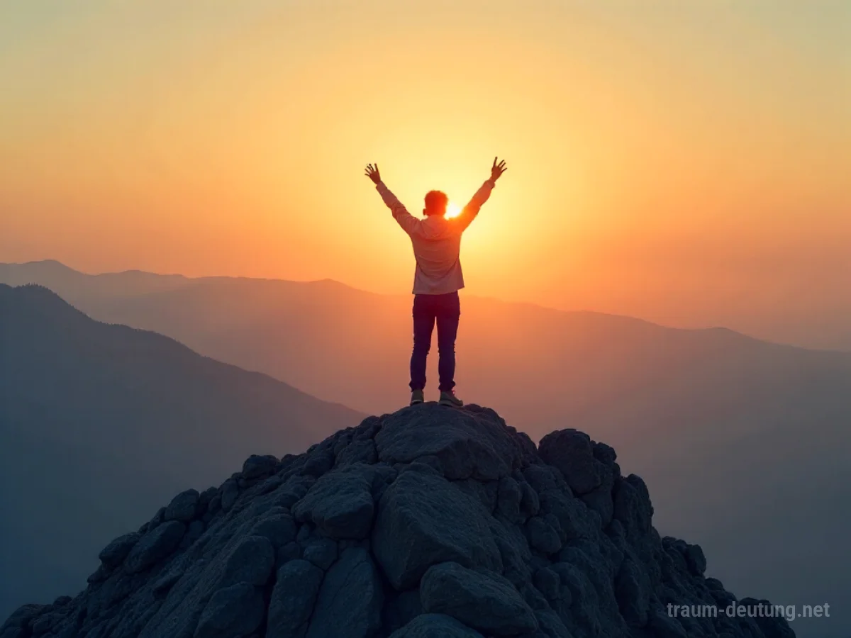 Person steht auf einem Berggipfel und feiert einen Triumph.