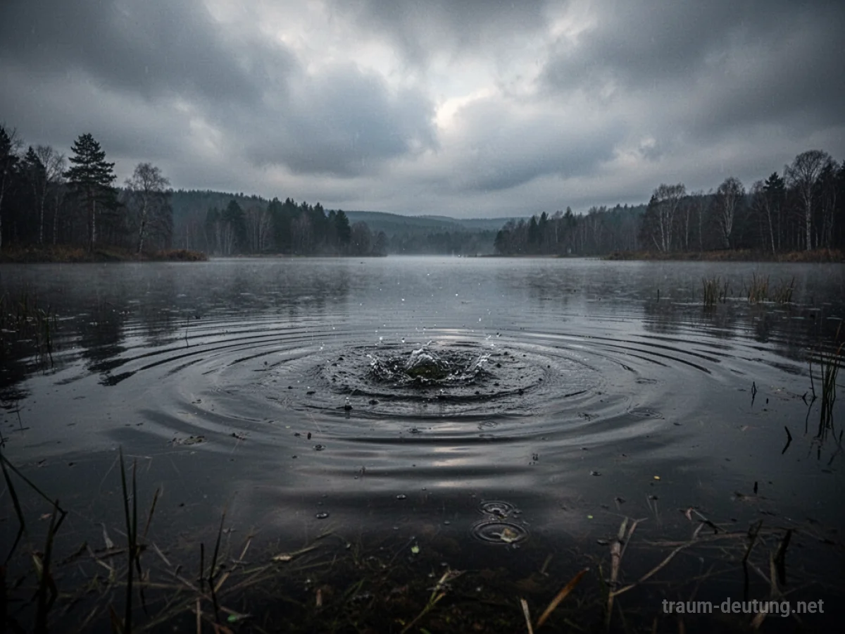 Ein trüber See mit dunklem Wasser unter einem bedeckten Himmel