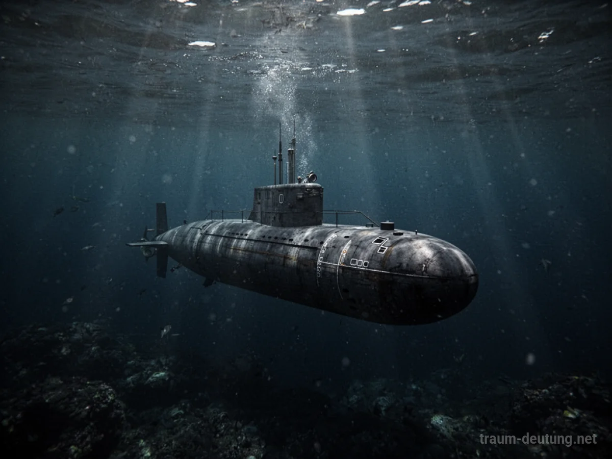 Ein U-Boot taucht tief unter Wasser, umgeben von Dunkelheit.