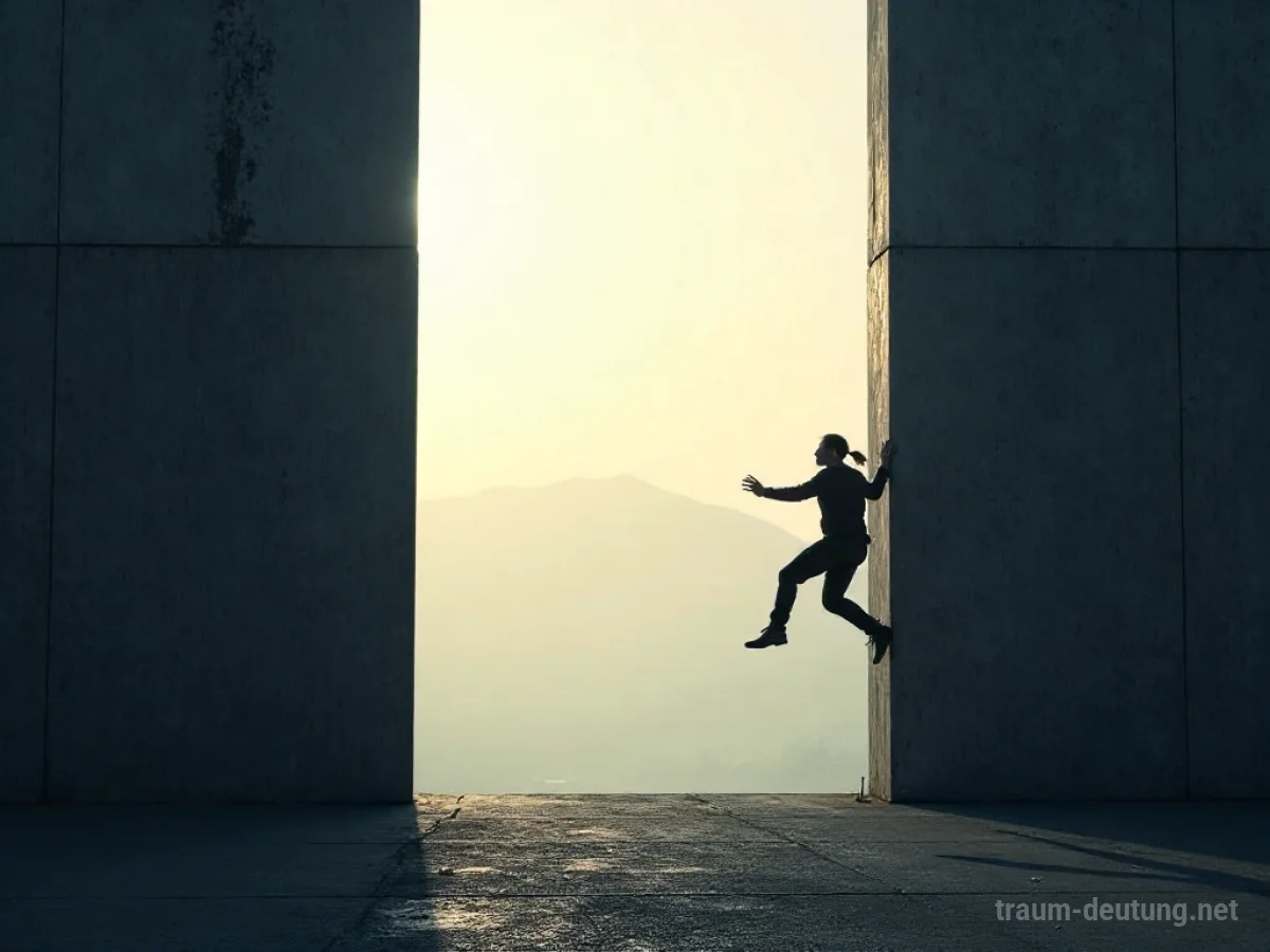 Eine Person springt über eine hohe Mauer in Richtung Freiheit.