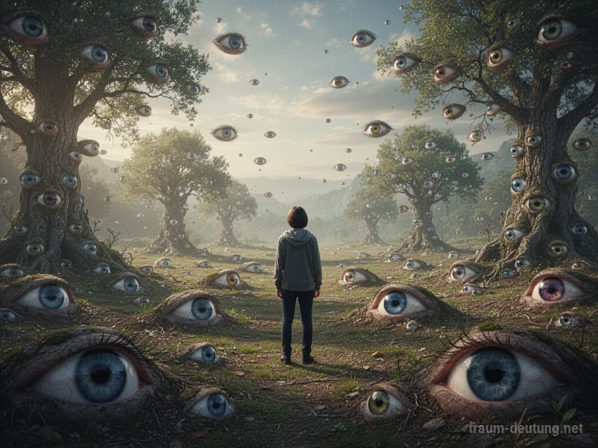 Ein Mensch steht in einer surrealen Landschaft mit vielen Augen, die überall auf ihn gerichtet sind.