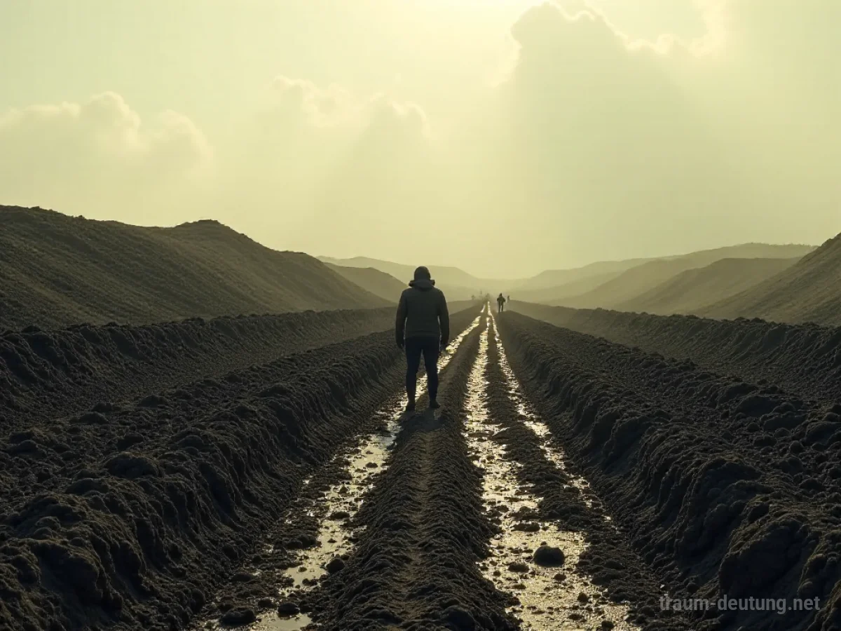 Eine Person steht allein in einer weiten, schlammigen Landschaft, bedeckt mit Schmutz.