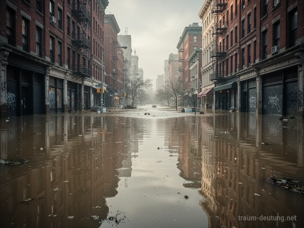 Eine Stadtstraße unter Wasser, Gebäude spiegeln sich in der Oberfläche.