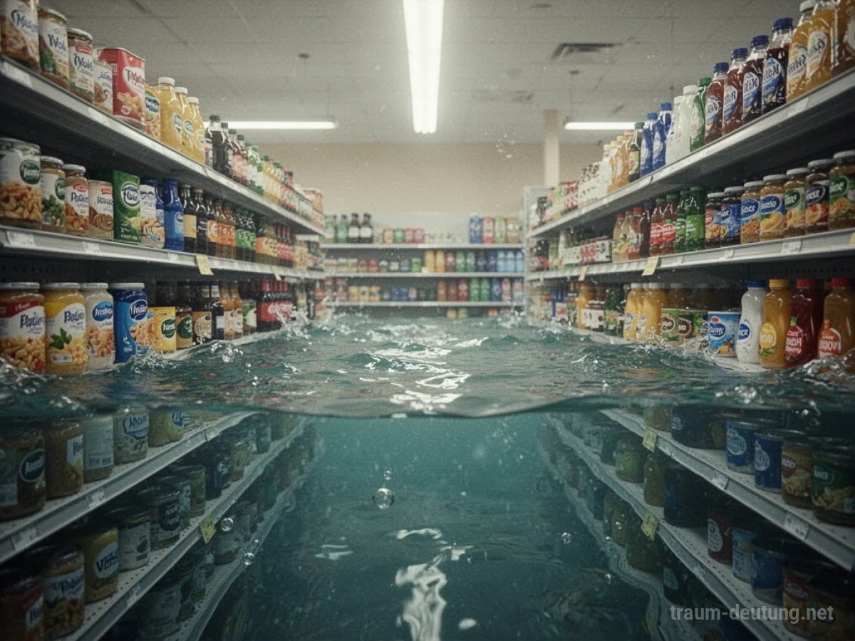 Ein überfluteter Supermarkt mit Wasser auf dem Boden und gefüllten Regalen.