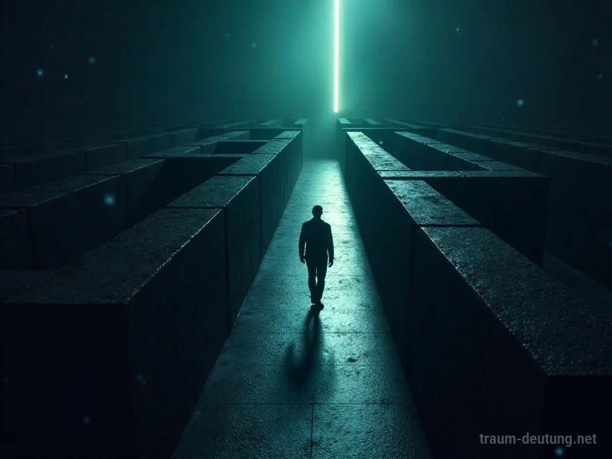 Eine Person sucht in einem schattigen Labyrinth nach einem verborgenen Weg.