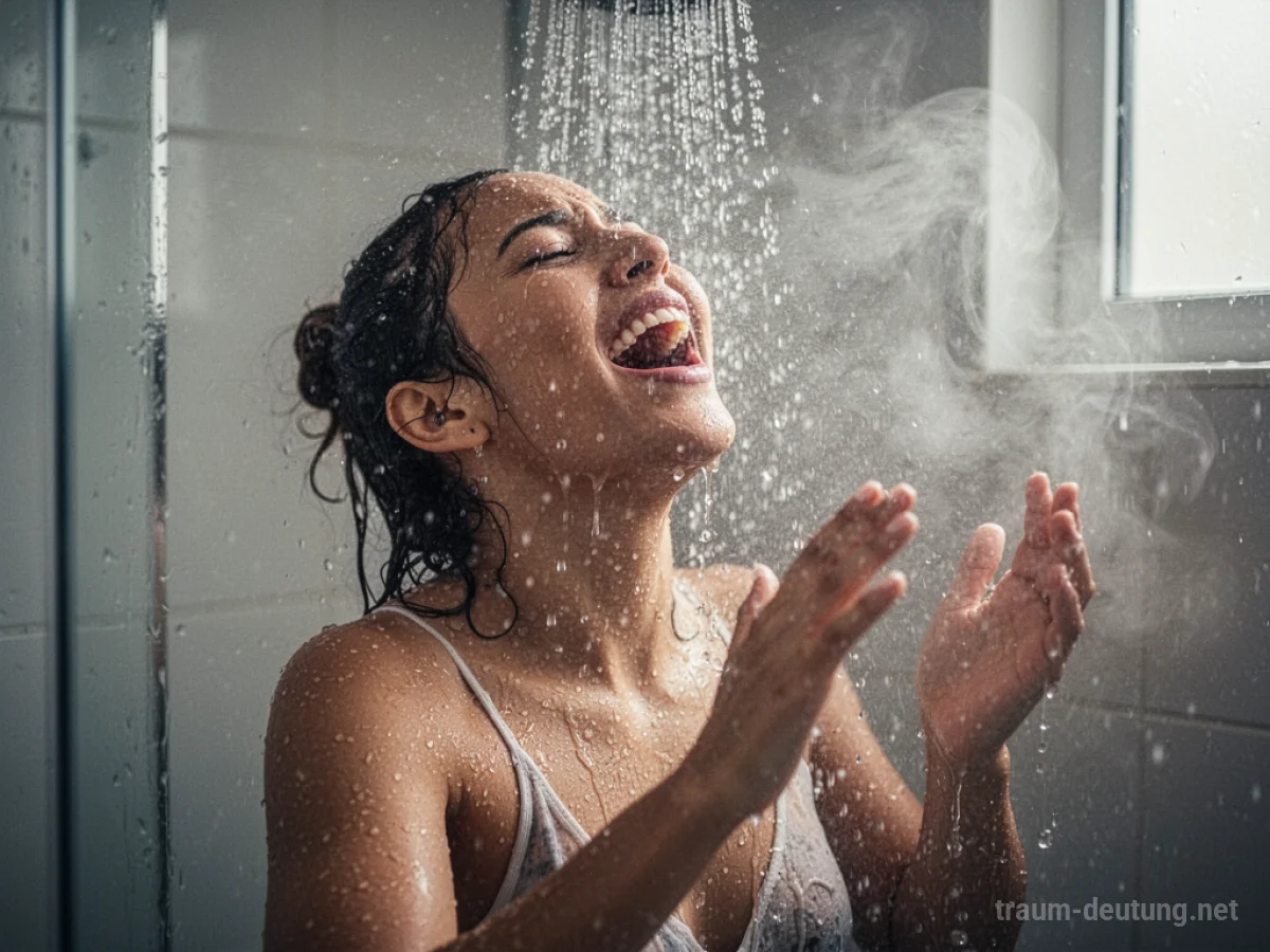 Person singt fröhlich unter der Dusche, Wassertropfen in der Luft.