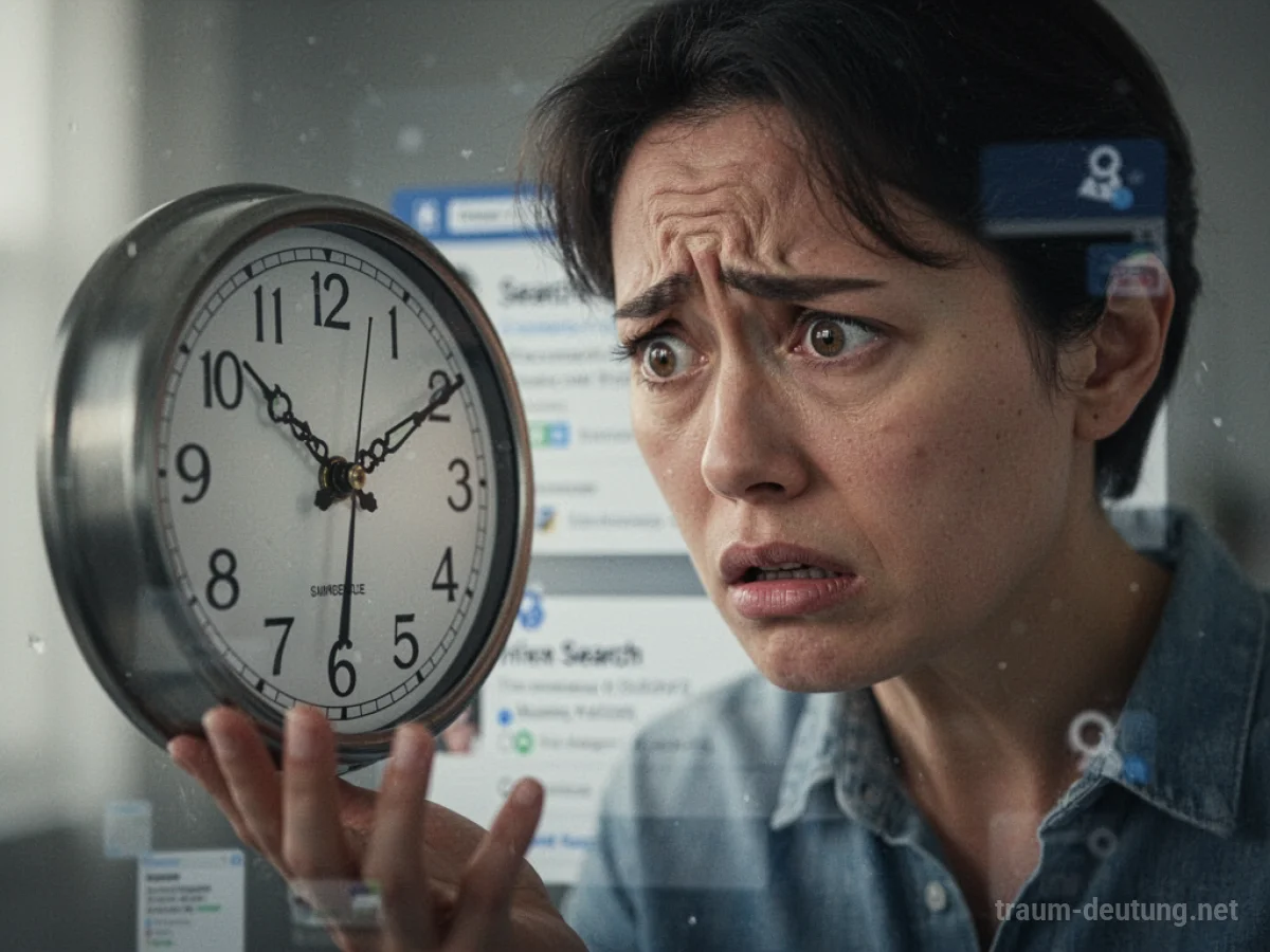 Person schaut auf eine Uhr mit besorgtem Gesichtsausdruck, während im Hintergrund verschwommen gesucht wird.