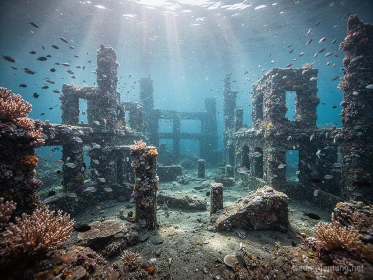 Eine versunkene Stadt mit Korallen bewachsenen Gebäuden, sichtbar unter klarem Wasser.
