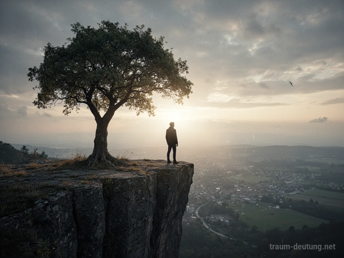 Silhouette einer Person am Klippenrand mit Blick auf den Horizont, symbolisch für einen Abschied.