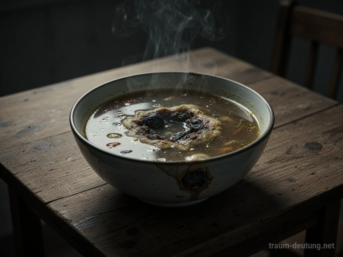 Eine Schüssel mit verdorbener Suppe auf einem Holztisch