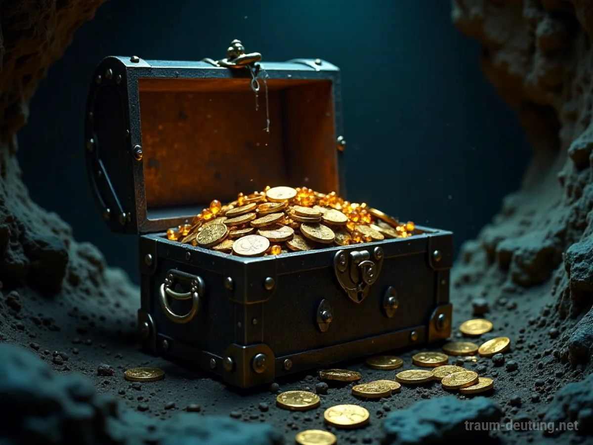 Ein alter, verfluchter Schatz in einer dunklen Höhle, der Gold und Juwelen ausstrahlt.