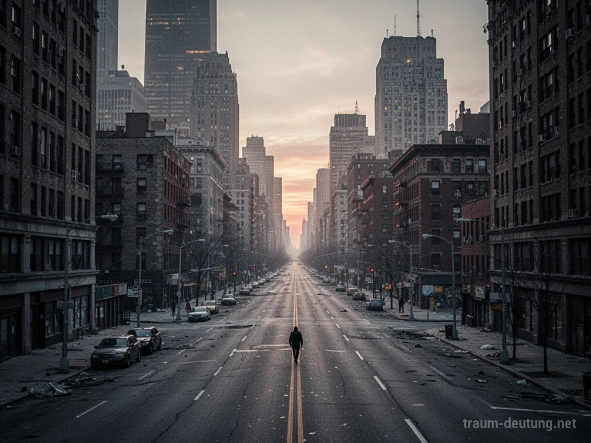 Eine verlassene Stadt mit leeren Straßen und Gebäuden bei Dämmerung