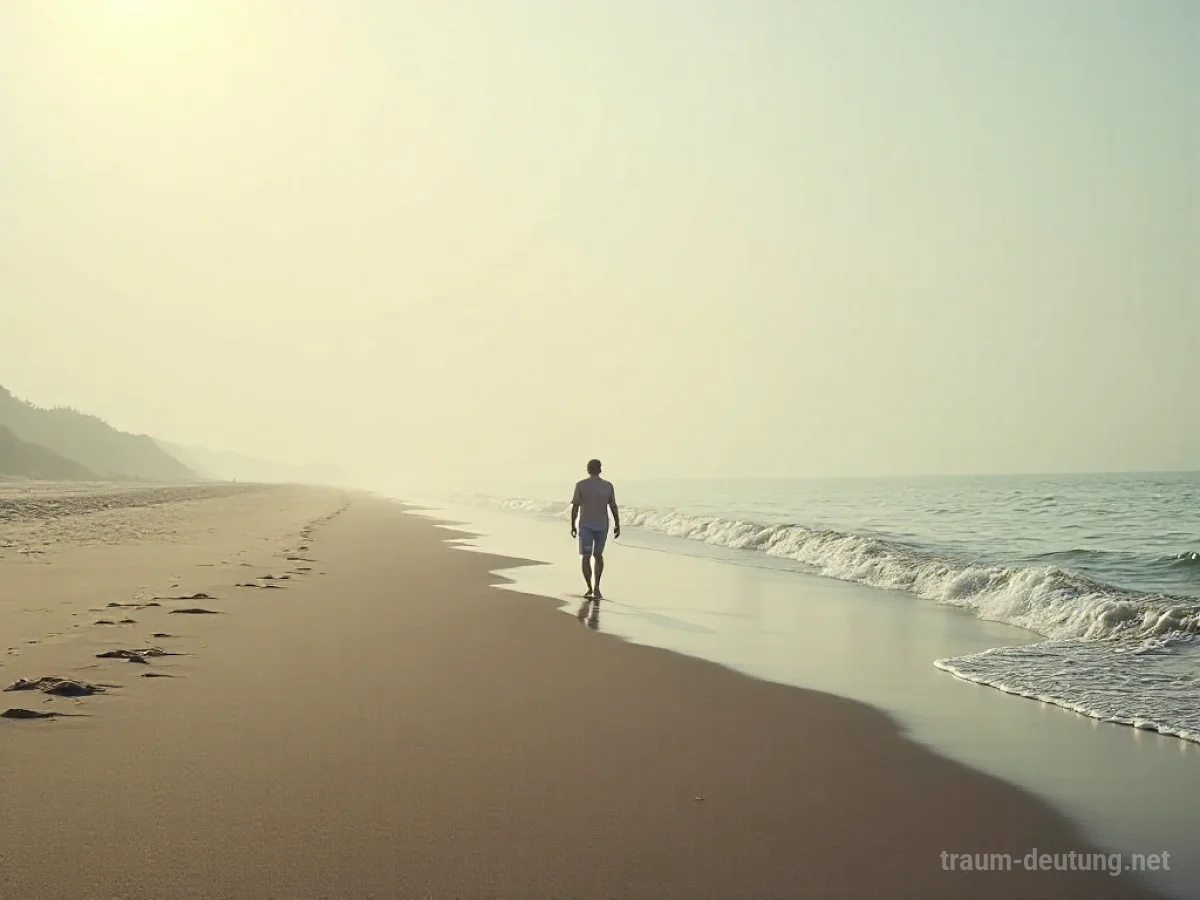 Einzelne Person geht auf einem weiten, leeren Strand spazieren.