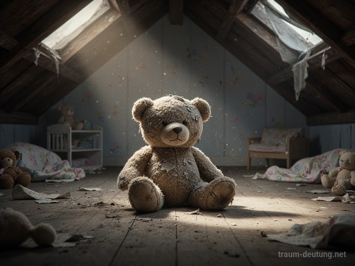 Ein verlassener Teddybär liegt allein auf dem Dachboden.