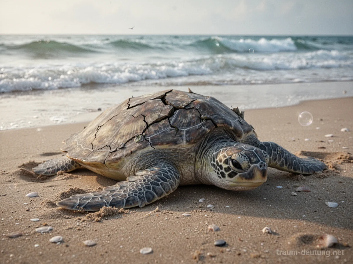 Eine Schildkröte mit einem beschädigten Panzer am Strand