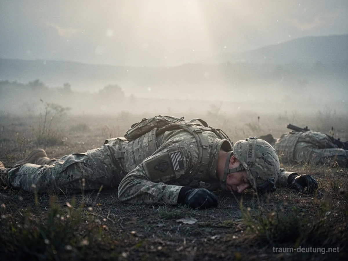 Verletzter Soldat liegt still auf einem Feld, umgeben von sanftem Licht.