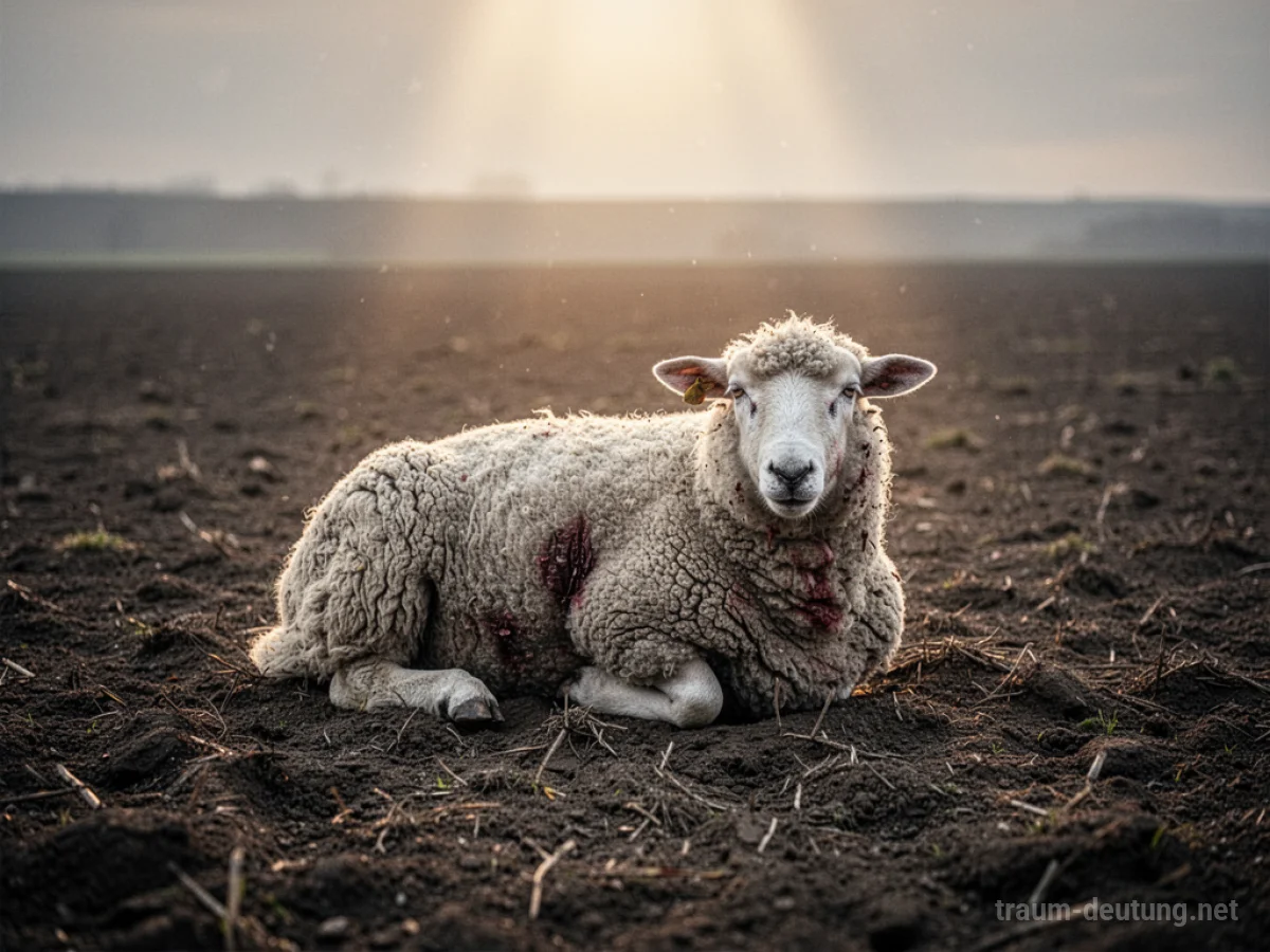 Ein einzelnes, verletztes Schaf liegt in einem kargen Feld.
