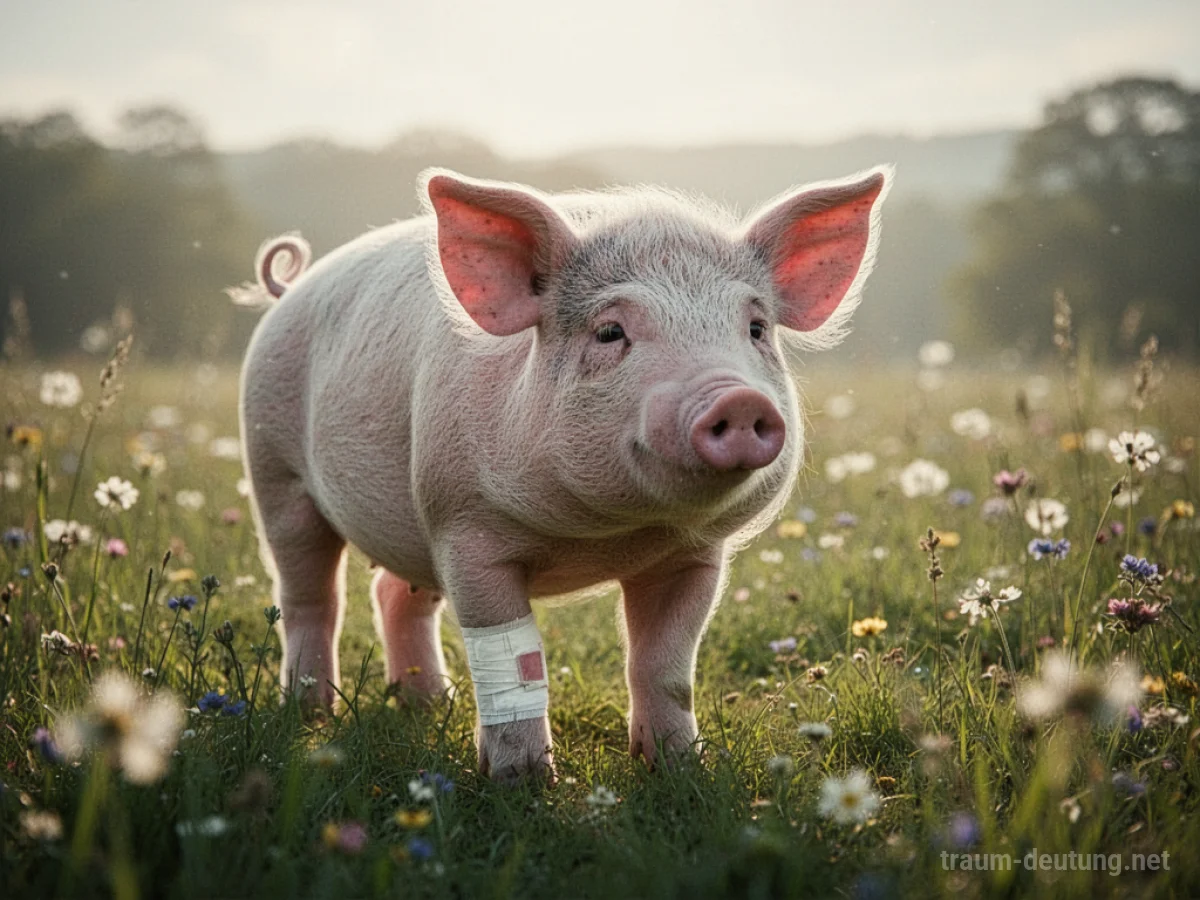 Verletztes Schwein mit einem kleinen Verband im Traum auf einer Wiese.