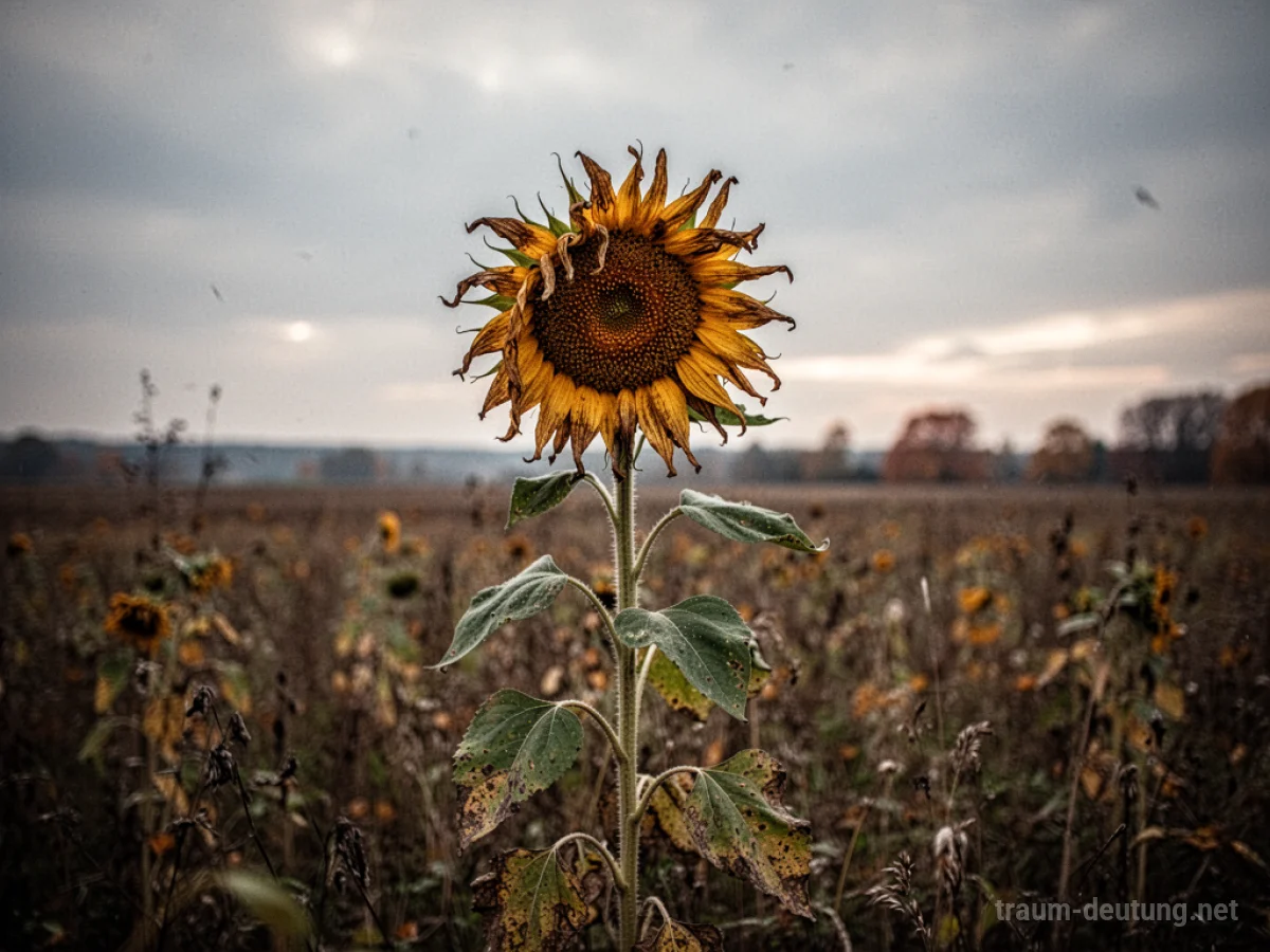 Welke Sonnenblume auf einem Feld unter bedecktem Himmel.