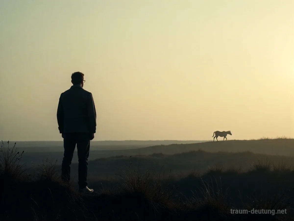 Silhouette einer Person, die in eine weite Landschaft blickt, in der ein kleines Tier verschwunden ist.