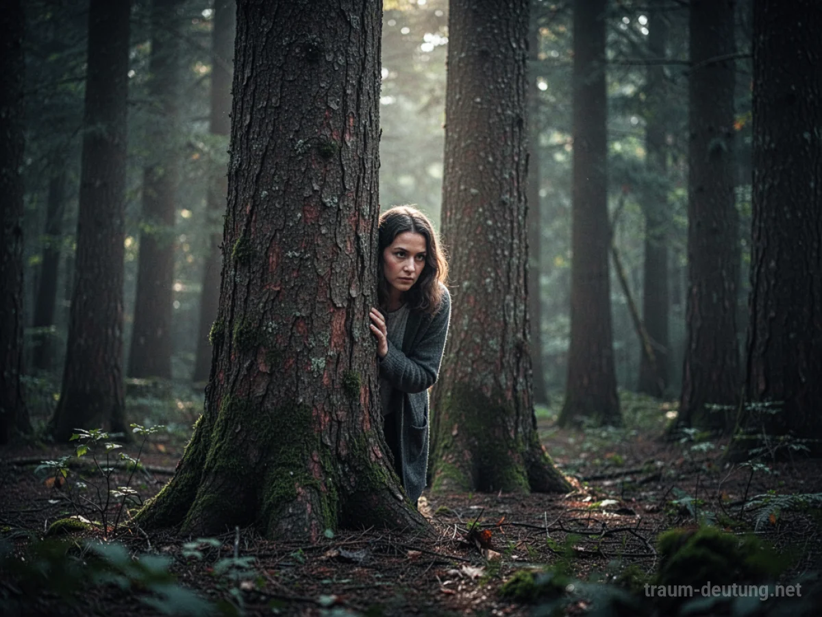 Eine Person sucht im Traum versteckt hinter einem Baum Deckung.