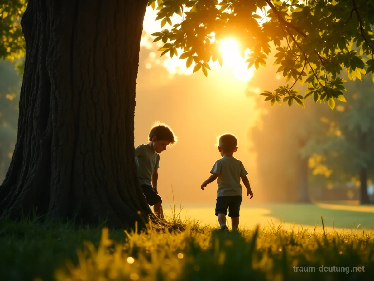 Zwei Kinder silhouetten spielen Verstecken hinter einem Baum in einem Park.
