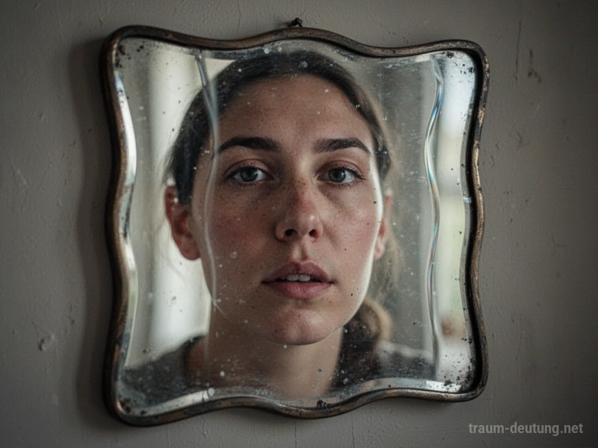 Verzerrtes Spiegelbild einer Person in einem welligen Spiegel.