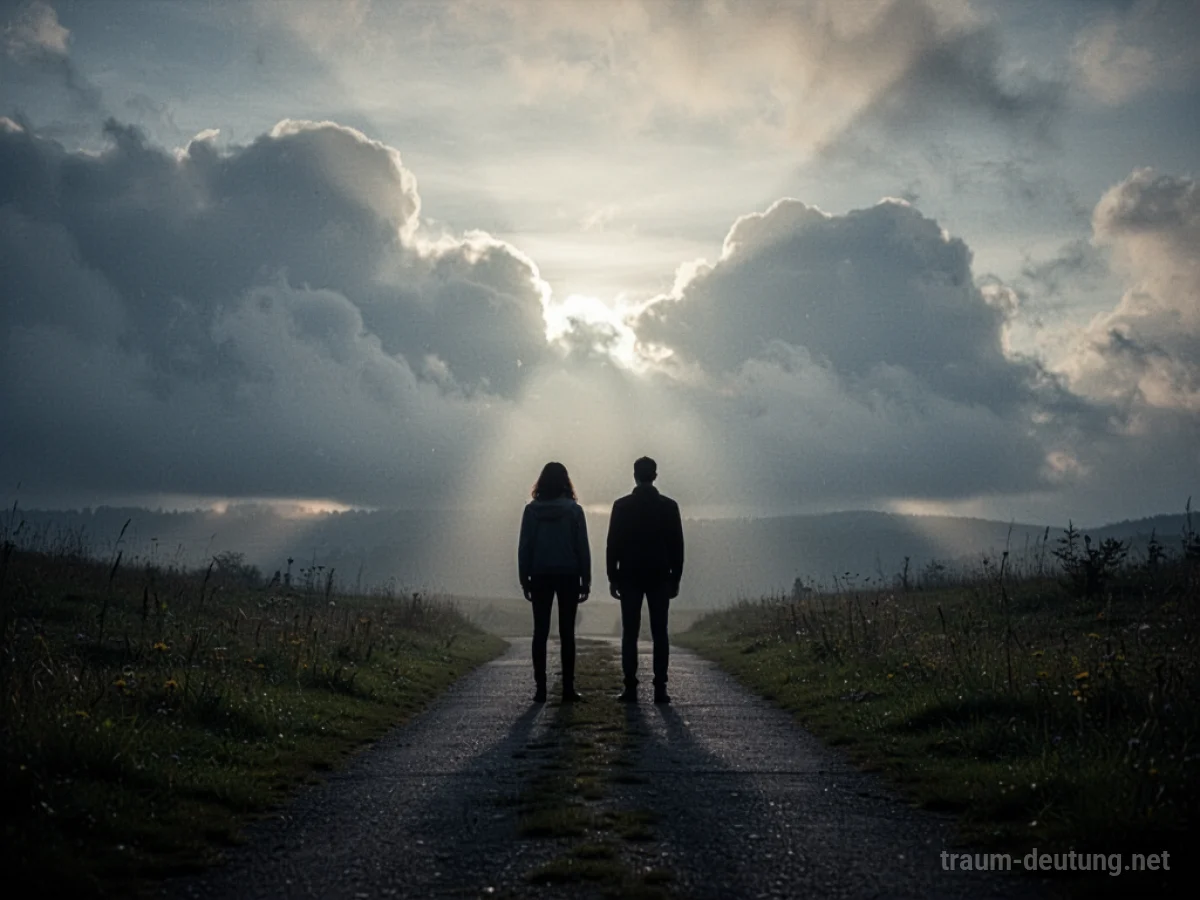 Zwei Silhouetten stehen auf einem Weg, im Hintergrund bricht Licht durch Wolken.