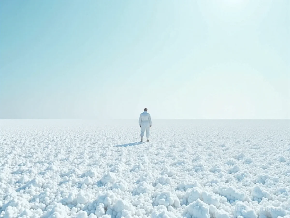 Weite Salzlandschaft unter strahlendem Himmel mit einer einsamen Figur