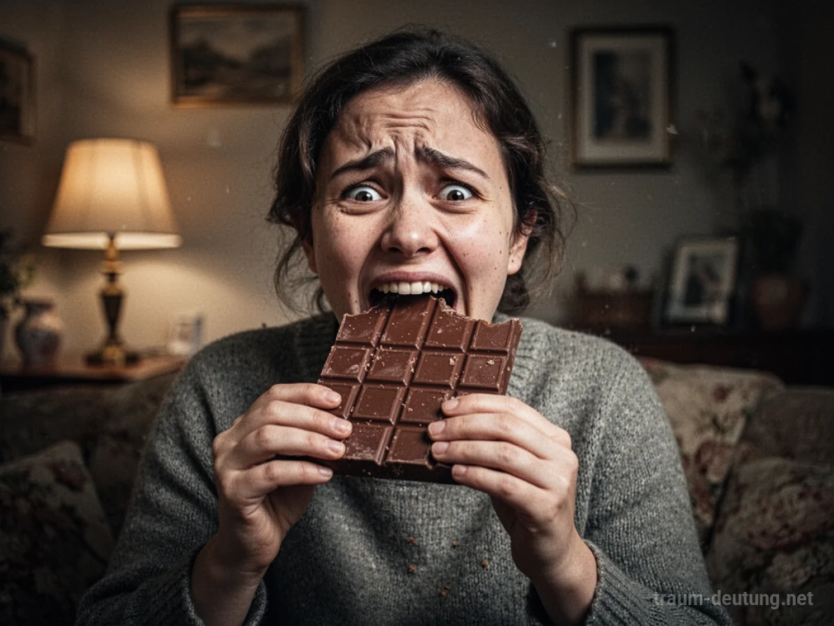 Person is eating a lot of chocolate in a dream setting.