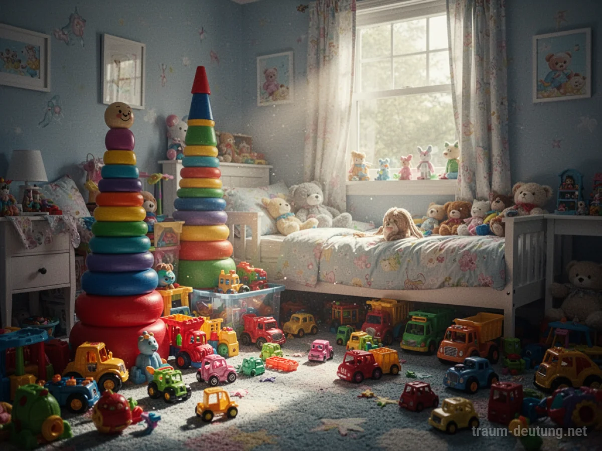 Ein Kinderzimmer voller bunter Spielsachen, die über den Boden verstreut sind und bis zur Decke reichen.