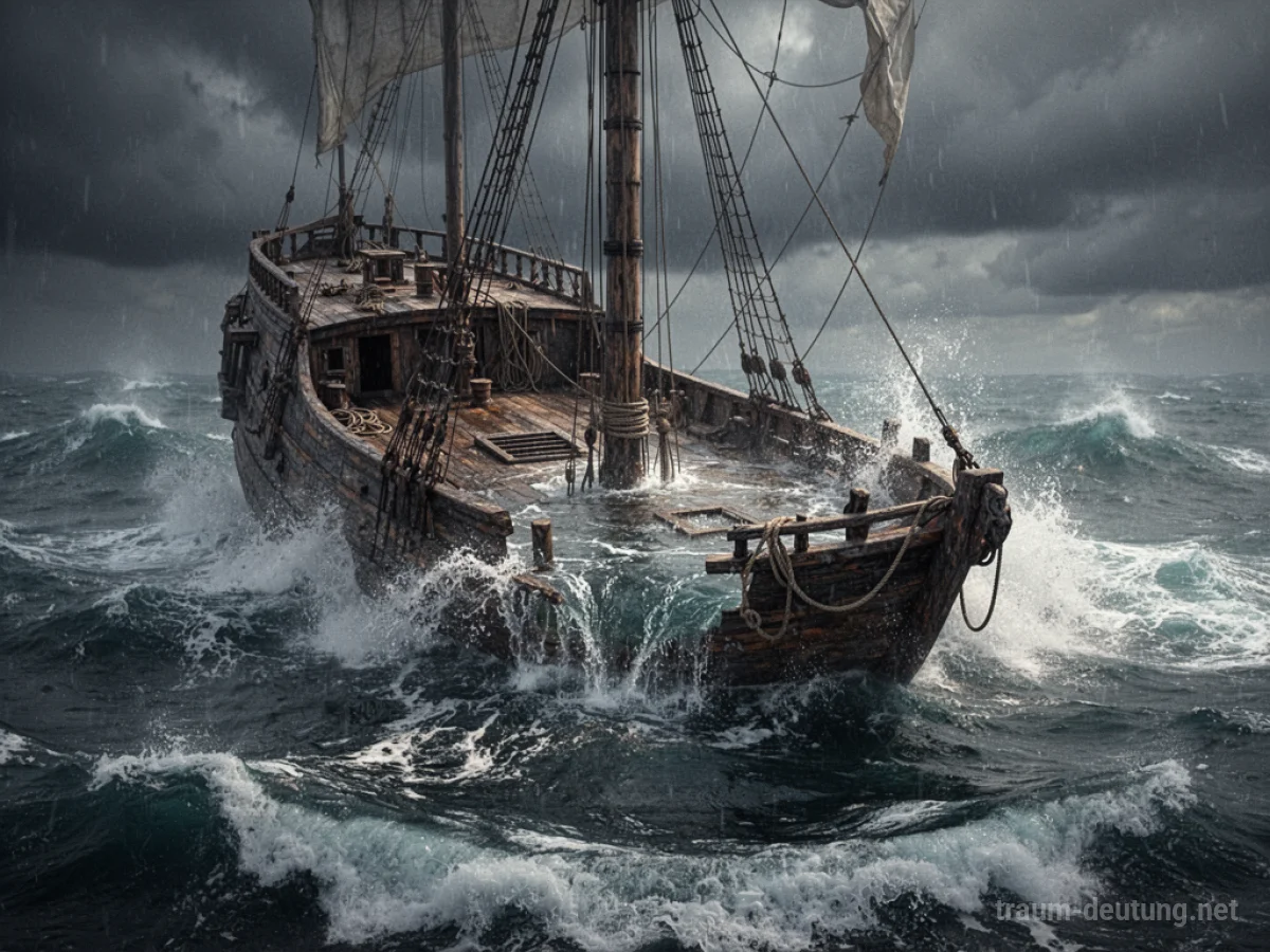 Ein altes Holzschiff in einem Sturm, Wasser schwappt über das Deck.
