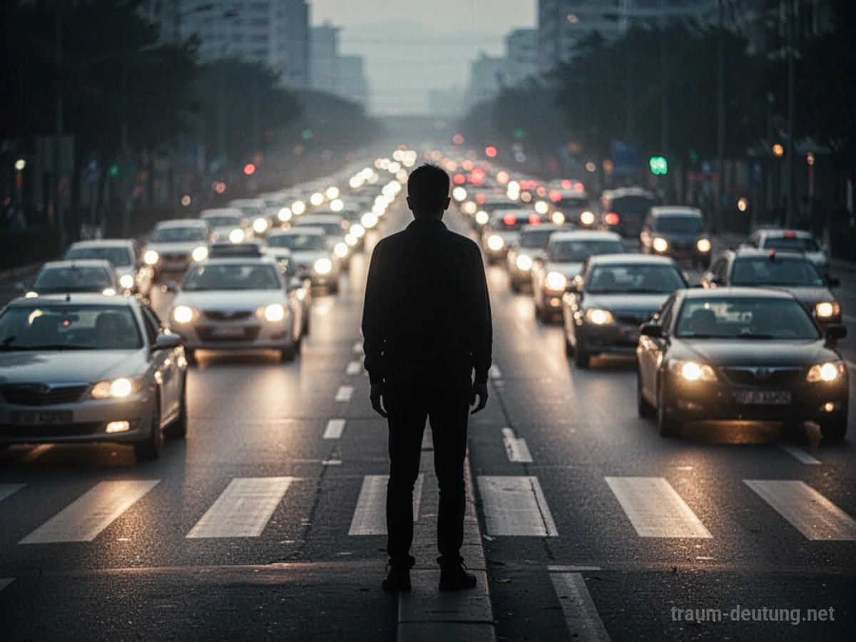 Silhouette einer Person, die zögerlich eine vielbefahrene Straße überqueren möchte.