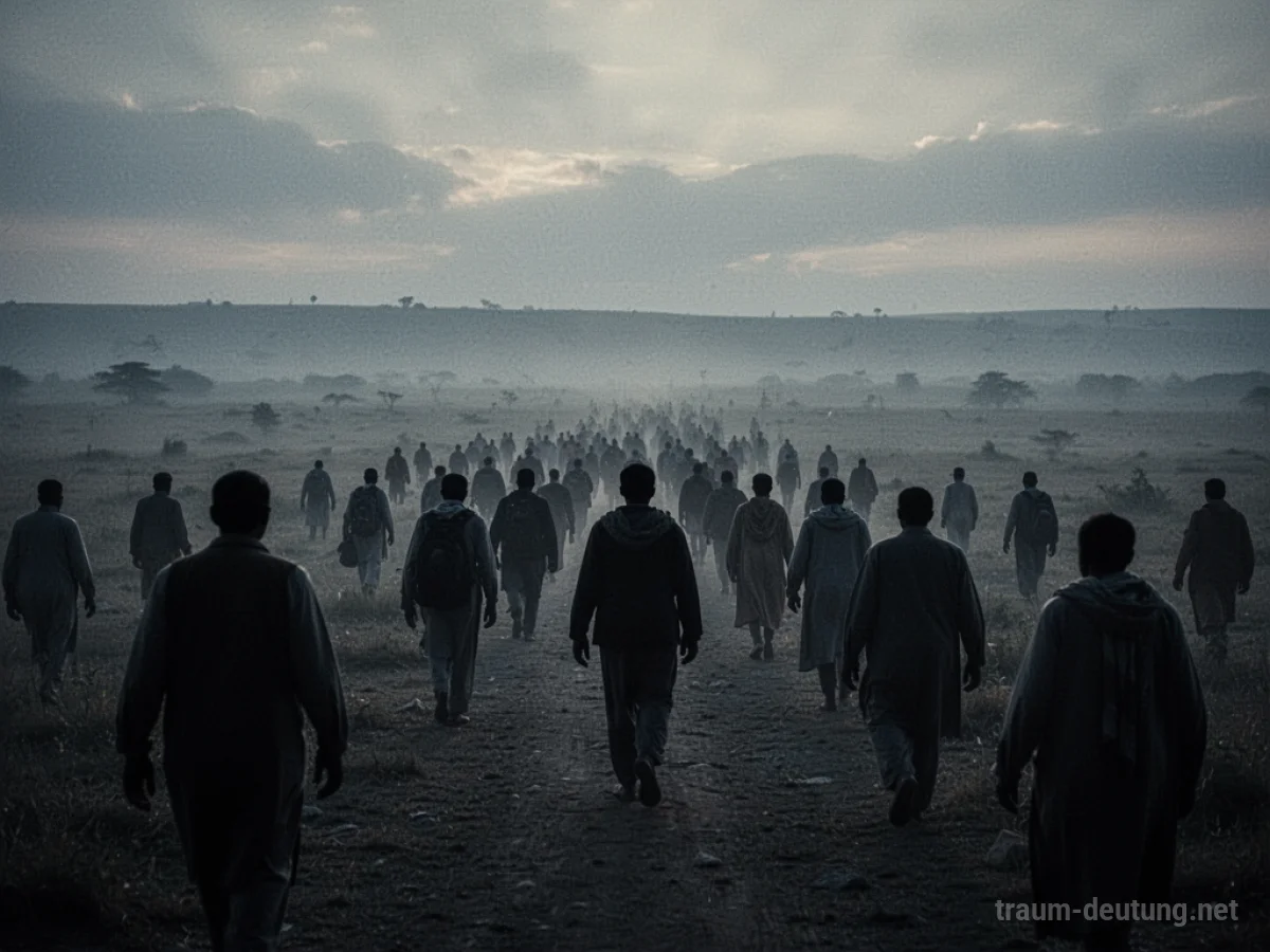 Viele Menschen als Silhouetten gehen in eine ferne, dunstige Landschaft.