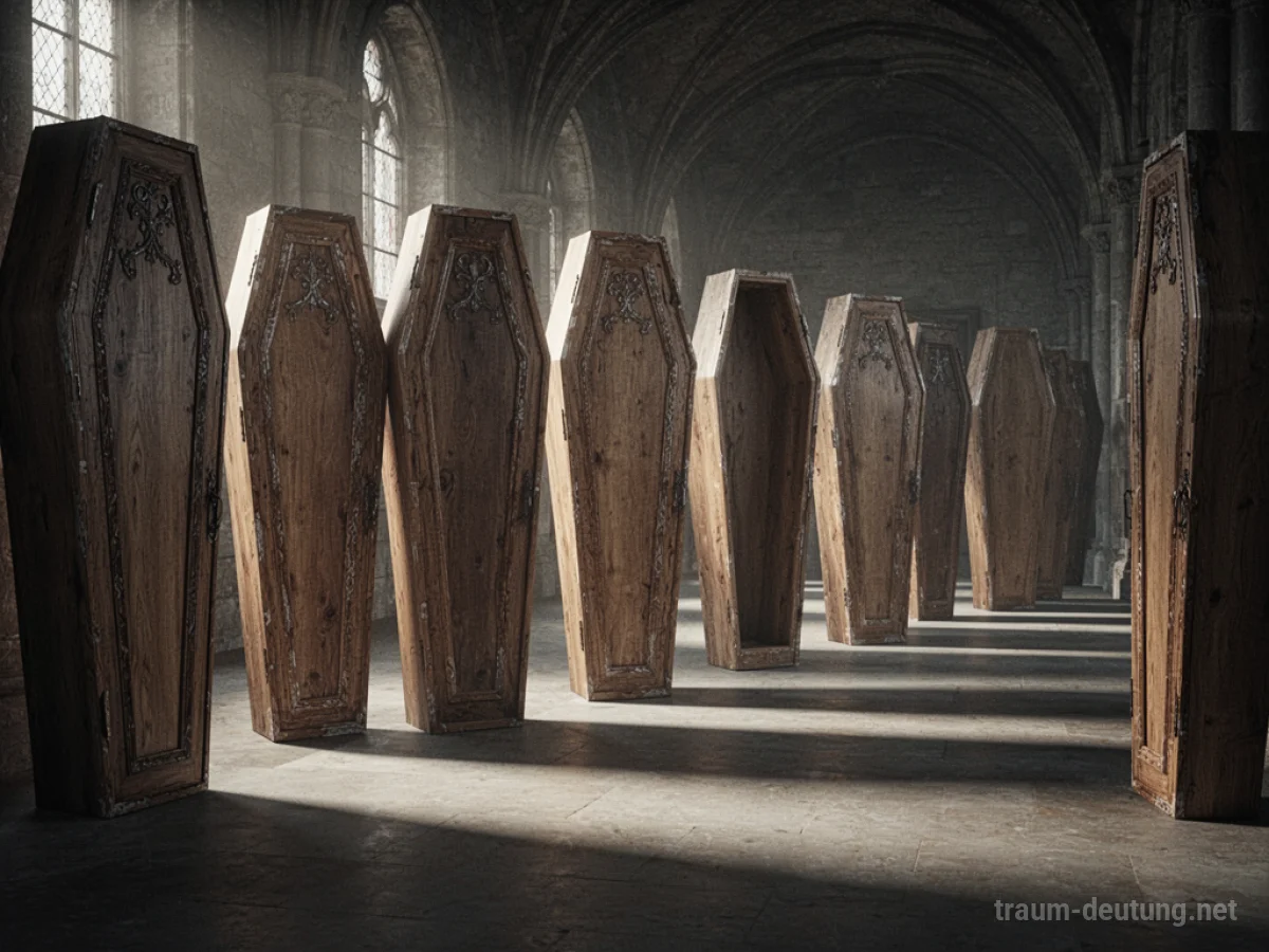 Viele leere Holzsärge stehen in einer dunklen Halle.